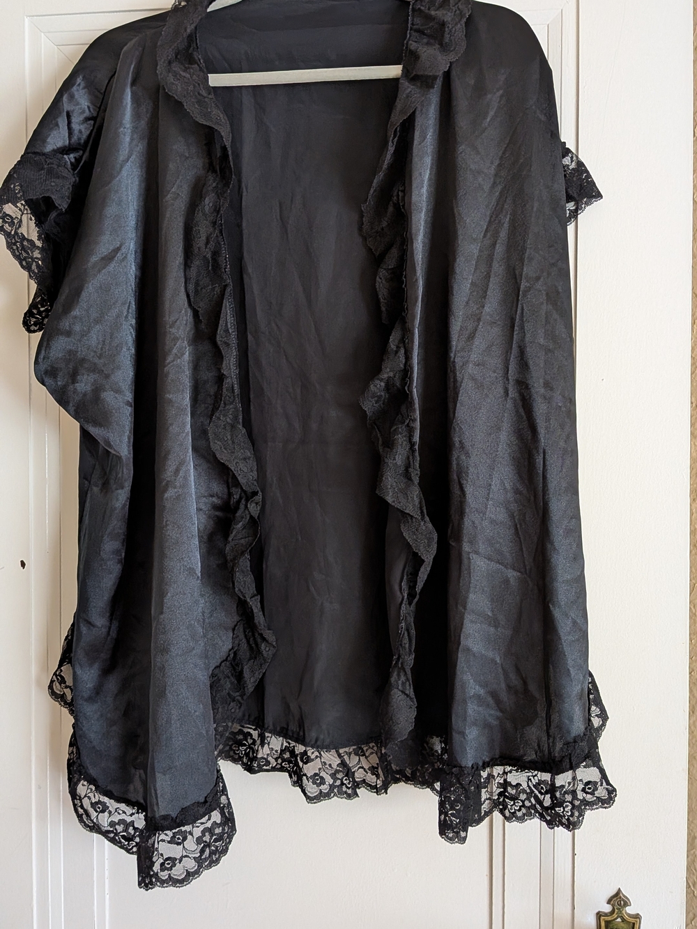 Vintage Shirley's Black Lace-Trim Satin Robe - Women Intimates & Sleepwear